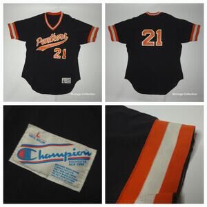 VINTAGE 1980's CHAMPION BLACK ORANGE PANTHERS #21 V-NECK BASEBALL JERSEY SIZE L